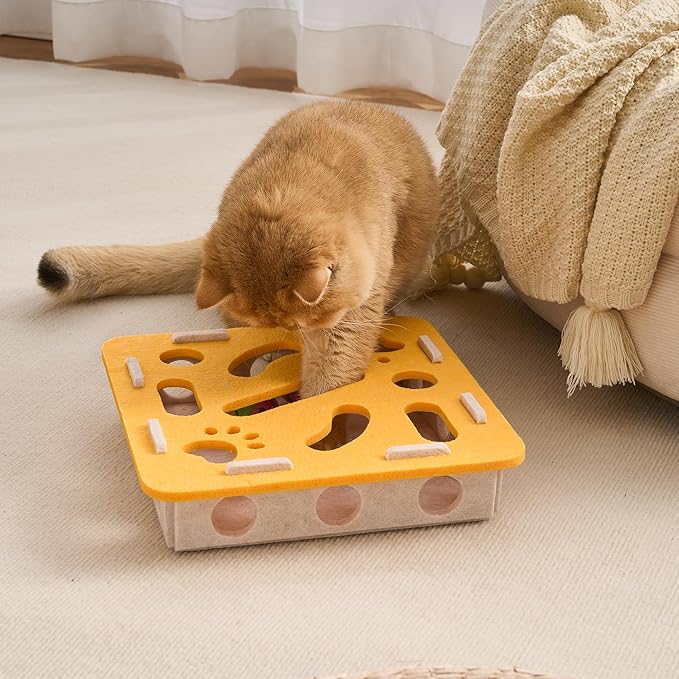 Interactive Cat Puzzle Feeder Toy - Felt Maze Box with 3 Jingle Balls for Indoor Cats, Kittens to Adults - Mental Stimulation, Slow Feeding & Fun Exercise Encourages Natural Hunting Instincts