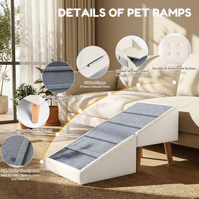 Dog Ramp for Small Dogs, 15.7" H 3-in-1 18.5" Extra Wide Foldable Ottoman & Hidden Storage Design Dog Stairs for Couch Sofa Bed, Non-Slip Pet Steps for Puppy Senior Injured Dogs (White)