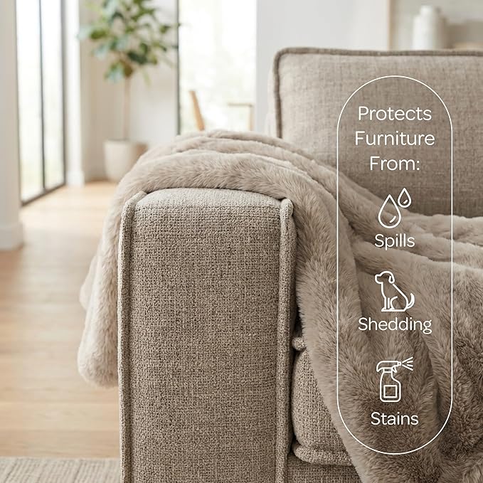 4 Cats & Dogs Leak Resistant Mini Faux Fur Throw, Soft European Faux Fur Pet Blanket, Velvet Backing, 40 x 30 Inch Cozy Furniture Protector for Pets, Machine Washable (Taupe)
