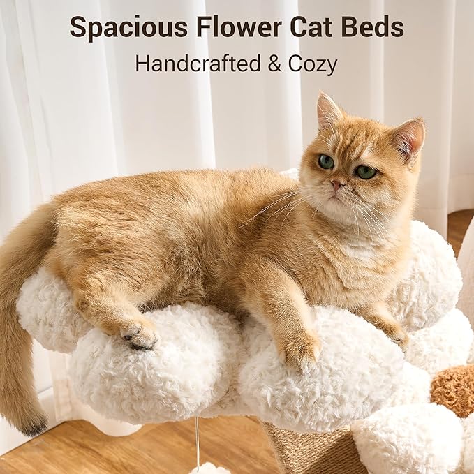 Aesthetic Flower Cat Tree Tower with Scratching Post for Indoor Cats, 30" H Modern Cat Tree with Wood Sculpted Branch, Flower Cat Beds, Mushroom Scratcher & Interactive Squeaky Toy, White