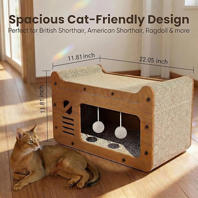2-in-1 Cat Scratcher House, Retro TV Shaped Cat Condo with Sofa Top, Durable Cardboard Cat Scratching Board for Indoor Cats, Light Oak Style, 22x12x12in