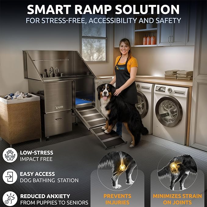 KANIS Professional Dog Washing Station 304 Stainless Steel Pet Wash Sink & Grooming Bathtub w/Shower, Floor Grates and Storage for Large, Medium & Small Pets (Silver, 40 Inches, Right Ramp, 1 Drawer)