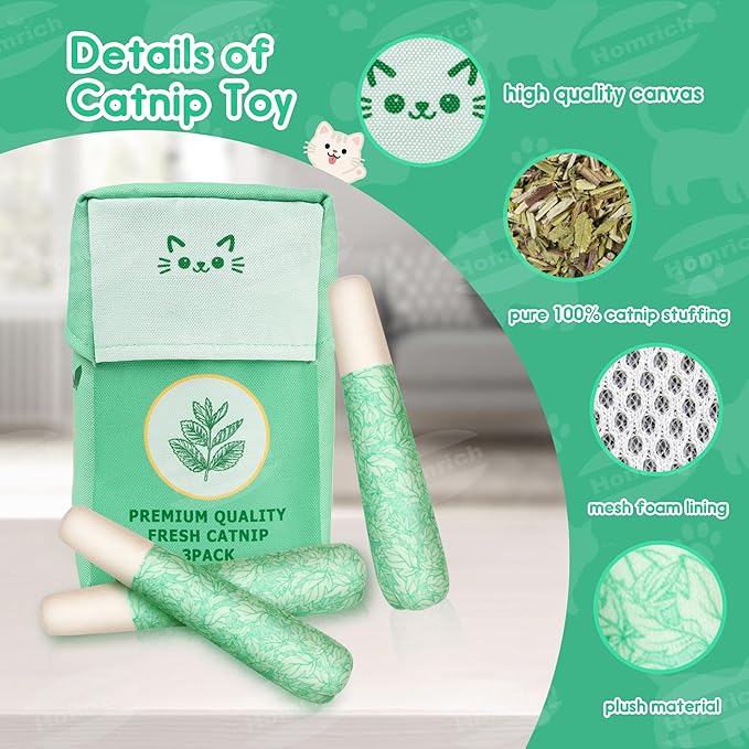 Homrich Catnip Toys for Cats, 3-Pack Funny Cat Chew Toys Filled with 100% Pure Organic Catnip, Safe Kitten Teething Bite & Kicker Toys - Interactive Cat Nip Toys for Indoor Cats Boredom Relief