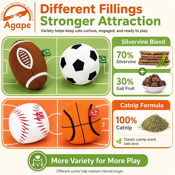 Agape 100% Catnip & Silvervine Filled Cat Toys, Interactive Chew & Kicker Balls for Indoor Cats, Enrichment and Teeth Cleaning Fun for Bored Cats and Kittens, 2 Pack Natural Crinkle Cat Toy with Sound