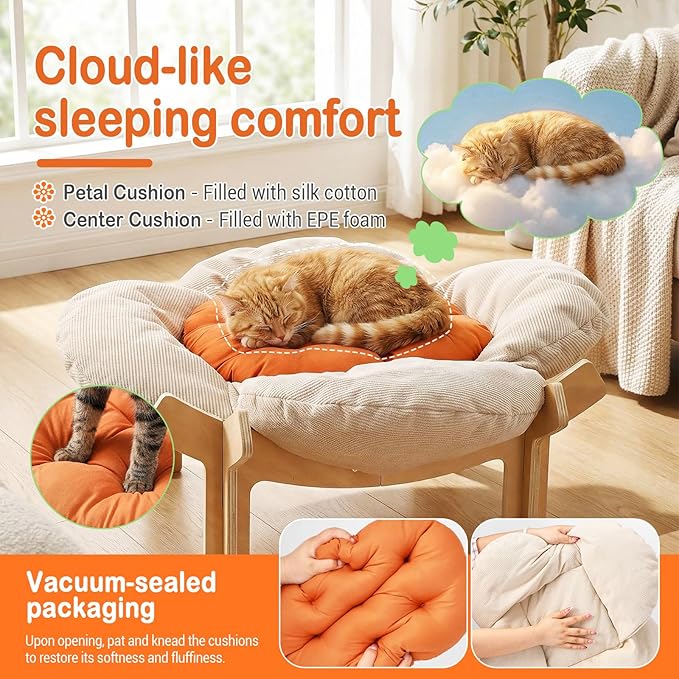 Elevated Flower Cat Bed with Thickened Soft Cushions, Aesthetic Raised Cat Chair for Indoor Cats, Wooden Cats Furniture with Toy, 39lbs Capacity (Beige Petal & Orange Center)