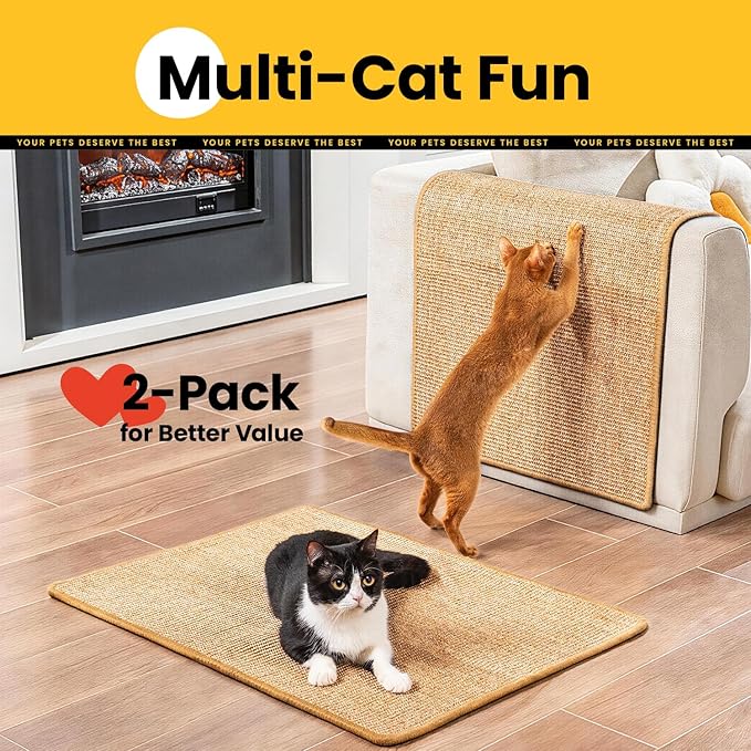 Cat Scratcher Mat,Sisal Cat Scratch Pad with Hook&Loop Tape,Wall Floor Kitten Scratching Pads Rug for Indoor,Furniture Protector for Couch&Carpets&Sofas,Kitty Bithday Gifts,Large,Brown,2 Pack