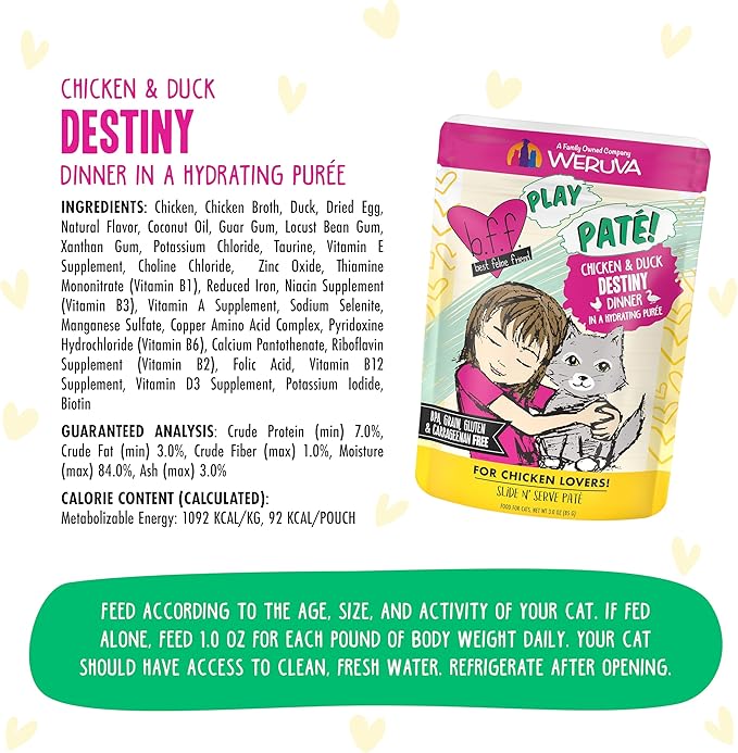 Weruva B.F.F. Play - Best Feline Friend Paté Lovers, Aw Yeah!, Chicken & Duck Destiny with Chicken & Duck, 3oz Pouch (Pack of 12)