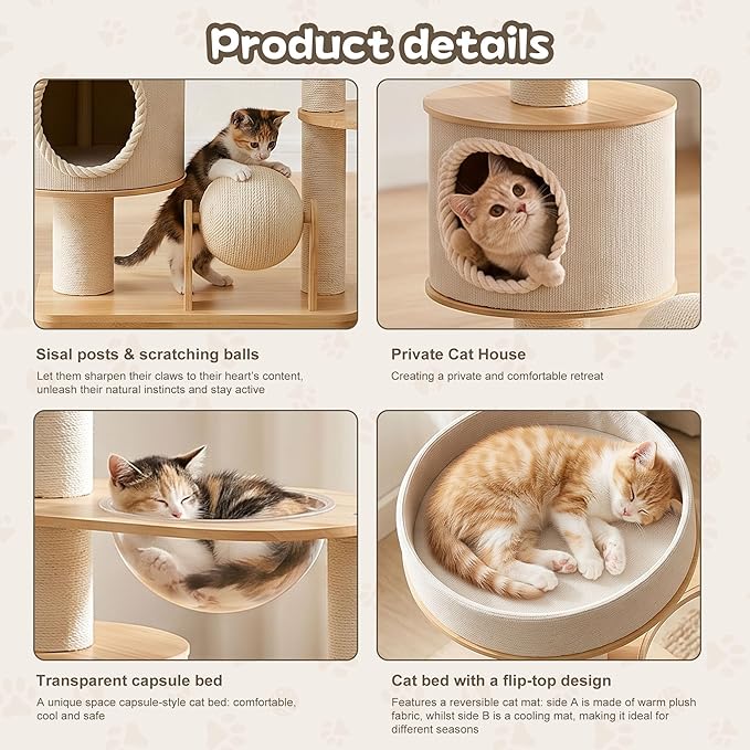 45IN Wooden Cat Tree for Large Indoor Cats, Multi-Level Cat Tower with Wide Base, Rubberwood Cat Condo, Space Capsule Bed, Scratching Posts, Reversible Mats & Modern Cat Furniture