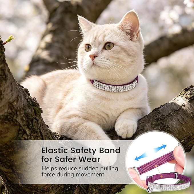 BINGPET Diamond Cat Collar with Bell, Adjustable Soft Velvet Bling Rhinestone Cat Collar, Sparkly Kitten Collar with Safety Elastic & Metal Buckle for Small Medium Cats