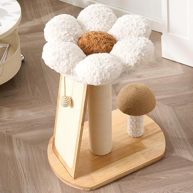 HITTITE Solid Wood Cat Tree Tower, Cat Scratching Post with Bed, 27" Small Flower Cat Tree, Compact Cat Tower with Scratching Pad and Cat Bed, Mushroom Modern Cat Tower for Indoor Cats Large Adult.