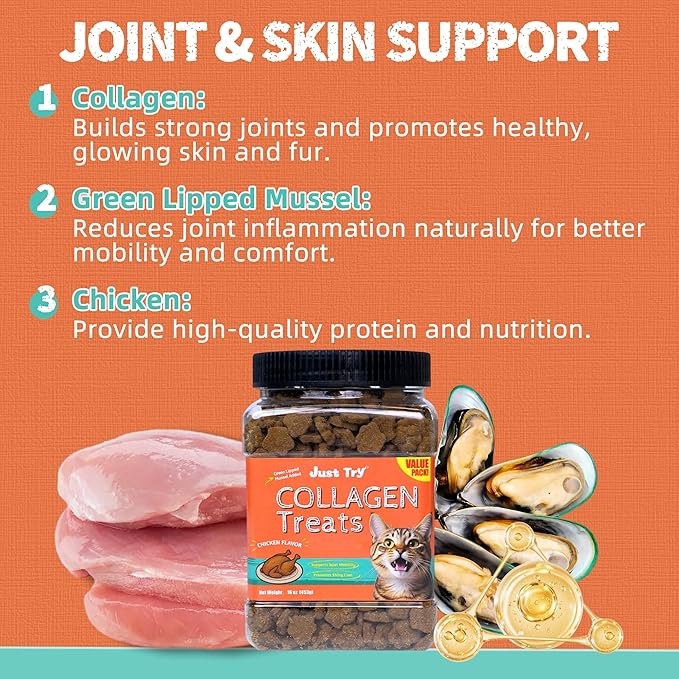 Just Try 16 OZ Collagen Cat Treats Anti-Aging Support Flavor Healthy Cat Snacks Training Biscuits Skin Elasticity & Joint Health for Cats