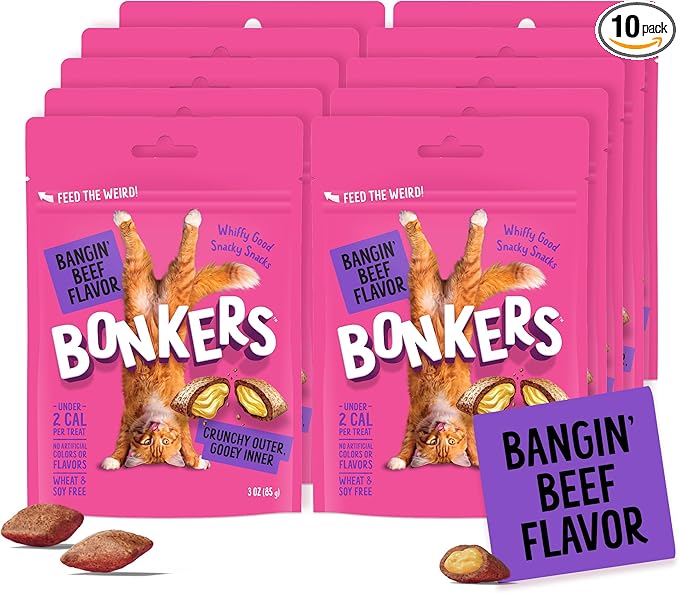 Bonkers Bites Bangin' Beef Flavor Crunchy & Soft Treats for Cats, 3oz Bag (Pack of 10)