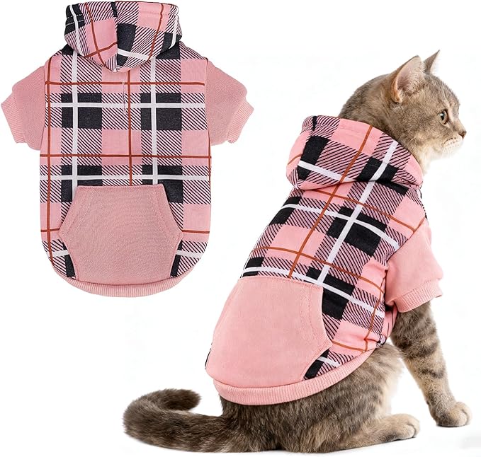 EXPAWLORER Plaid Cat Hoodie - British Style Warm Cat Sweater Shirt with Leash Hole,Pet Clothes Outfits,Winter Coat Apparel for Puppy Cats Girl Boy-Kitten Apparel,Pink XL