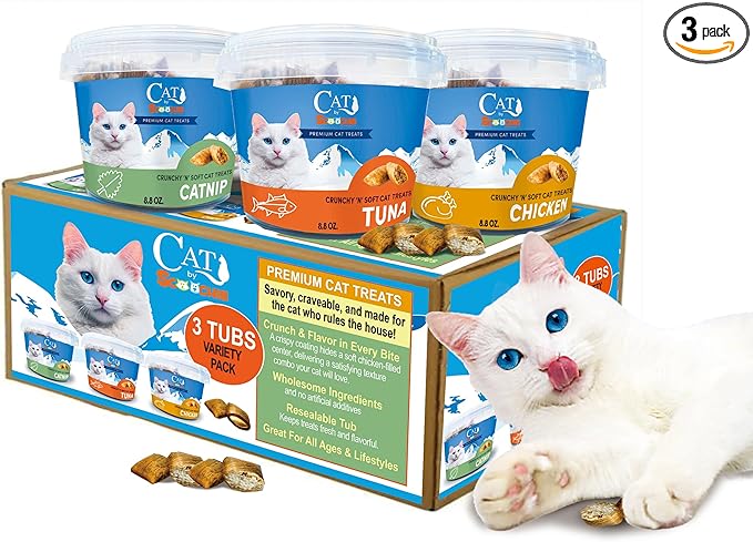 Scoochie Pet Cat by Scoochie – Assortment Flavored Cat Treats, Crunchy Outside & Creamy Inside, 3 | 8.8 oz Tubs (Tuna, Chicken & Catnip)