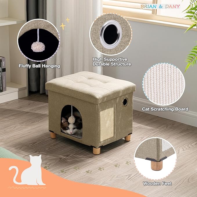 BRIAN & DANY Cat Beds for Indoor Cats,Cat Cave House for Kitten with Scratch Board & Ball, 14.7" x 14.1” x 12.7”, Light Khaki
