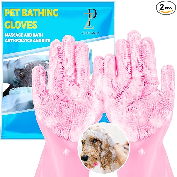 Pet Grooming Gloves, High-Density Silicone Gloves with Enhanced Five Finger Design for Bathing and Massaging Dogs and Cats (Pink)
