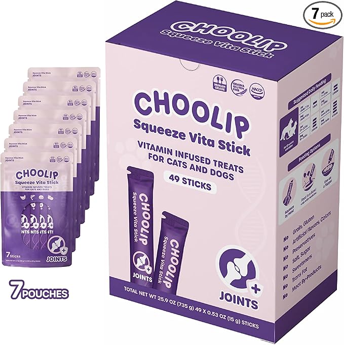 Choolip Squeeze Vita Stick Joint Support Lickable Cat and Dog Treats – 49-Count Chicken & Salmon Sticks with MSM and Vitamin E – Box with 7 Pouches, Vet-Formulated for Joint Health
