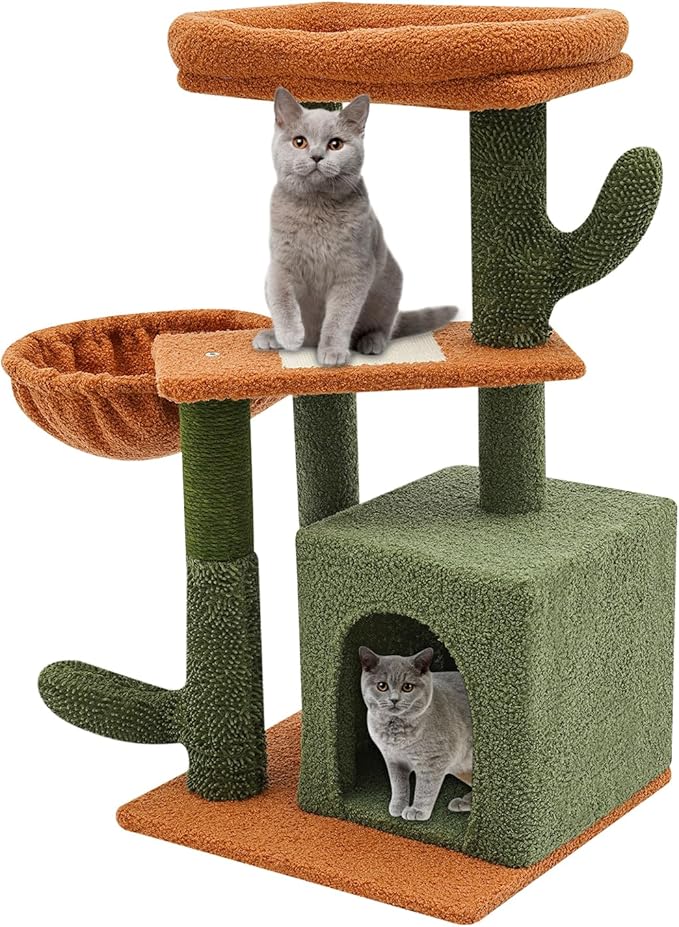 Cat Tree, 30.3in Cat Scratching Climbing Frame, Cactus-Shaped Cat Tree, Double Condos, Scratching Posts, Floor Mount, Soft Surface for Families, Pet Stores, Cat Houses,