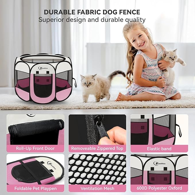 Siedihit Pink Dog Cat Playpen, Puppy Pet Playpen Indoor for Small Dog Crate Tent Cage Outdoor, Portable Pop Up Dogs Enclosure Kennel with Carrying Case for Dogs/Cats/Rabbits