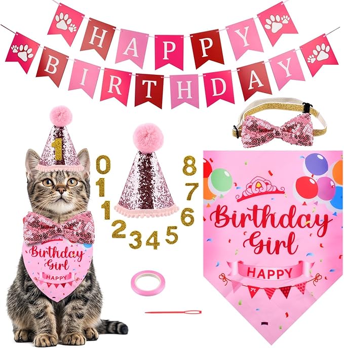 Cat Birthday Party Supplies, Adjustable Cat Birthday Hat with Numbers, Bandana, Bow Tie, Banner for Cat Kittens Decorations, Fun Pet Celebration Kit(Color:Pink)