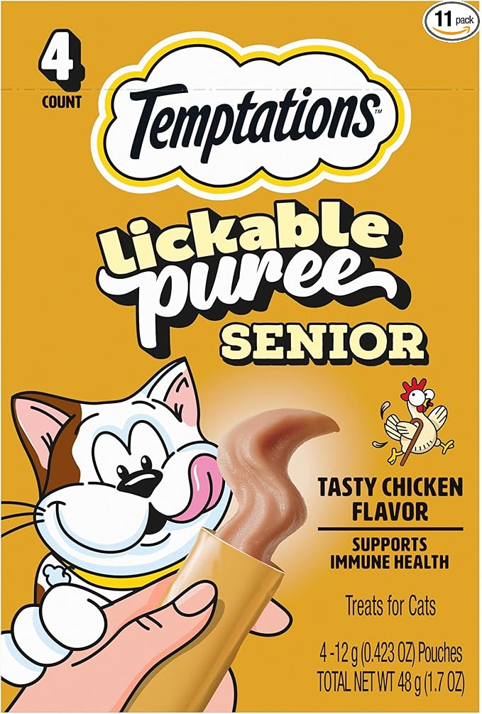 Temptations Puree Senior Cat Treats Lickable, Tasty Chicken Flavor, 4 Pouches (Pack of 11)