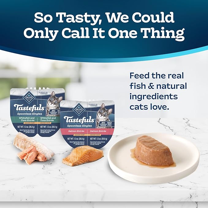 Blue Buffalo Tastefuls Spoonless Singles Variety Pack, Wet Cat Food Paté, 2.6-oz. Twin-Pack Trays, Whitefish/Tuna & Salmon Entreé (12 Count)