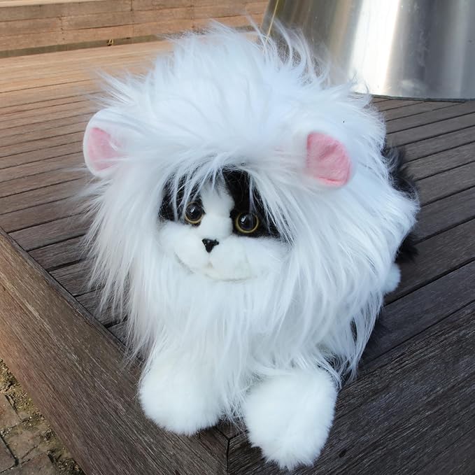 Lion Mane Wig for Cat, Funny Pet Cat & Puppy Costumes for Halloween & Christmas, Funny Pet Clothing Accessories (Medium, White & Pink)