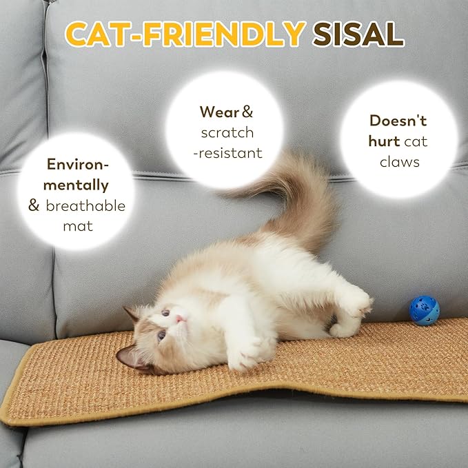 2PCS Natural Sisal Fabric Large 23.6" x 15.7" Cat Scratching Pad for Indoor Cats Scratcher Mat with Sticky Tapes Horizontal Cat Scratcher for Scratching Posts Couch Protection(Camel, 2 Pack)