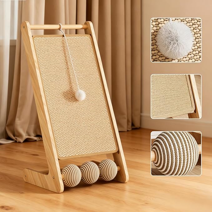 Sisal Cat Scratching Board, 23" Scratching Ramp for Indoor Kitty, L-Shaped Wooden Cat Furniture with Hanging Ball, Multi-Functional Cat Toy, Meets Scratching, Tapping & Pouncing Needs