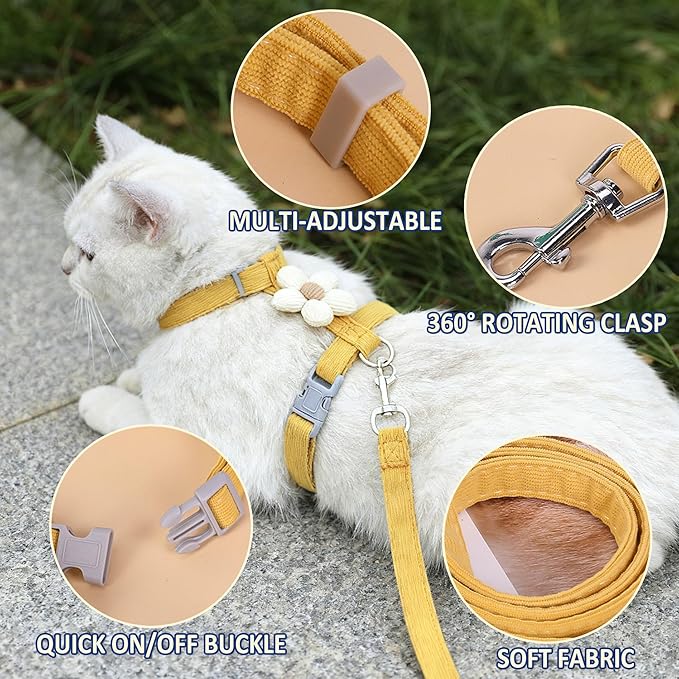 LeLehome Cat Harness and Leash Set Escape Proof Comfortable Lightweight Adjustable Strap for Walking, Travel, Kitten, Puppy, Rabbit (Yellow Flower)