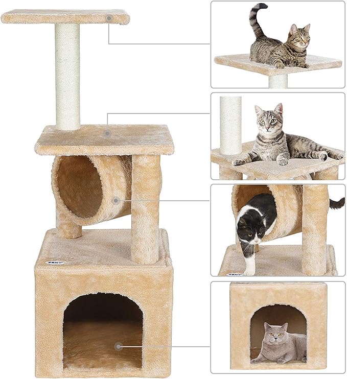 36 Inches Cat Activity Tree Tower Cat House Furniture with Condos Platform Tunnel Scratching Posts for Kittens Multi-Level