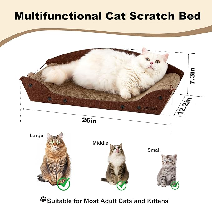 ZOMISIA 26'' Cardboard Cat Scratcher Bed - Large Scratcher Couch for Indoor Cats, Orthopedic Scratching Board, Lounger Scratching Couch with Bells