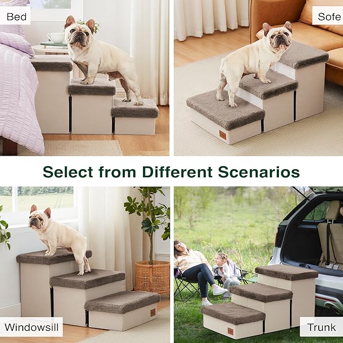 Love's cabin Dog Stairs for High Bed 18" H, 3 Steps with Furry Lids Pet Stairs for Small Medium Large Dogs, Foldable Cat Ramp with Zip up to 200 lbs, Brown