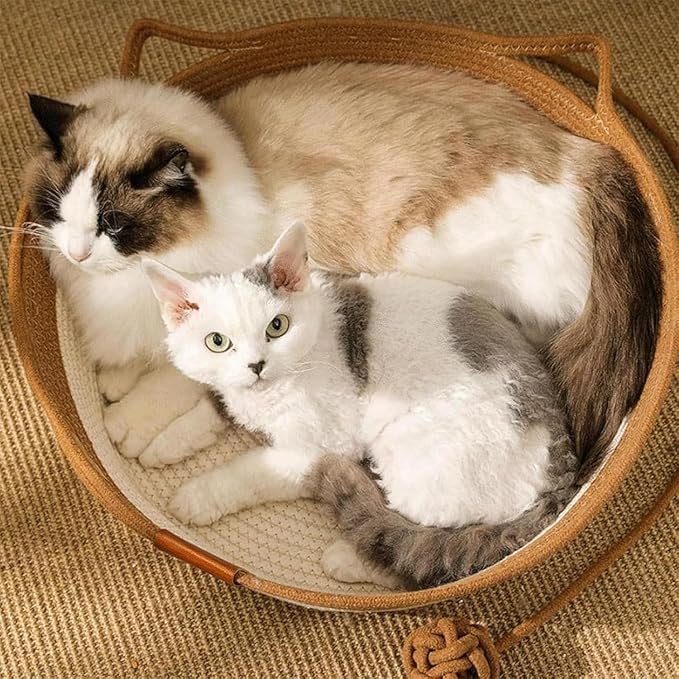Cat Toy Baskets for Indoor Cats, Cotton Rope Woven Cat Basket Bed, Ergonomic Design with Cat Ear Handles & Interactive Teaser Ball, Soft, Breathable, Scratch-Resistant (Green,L)