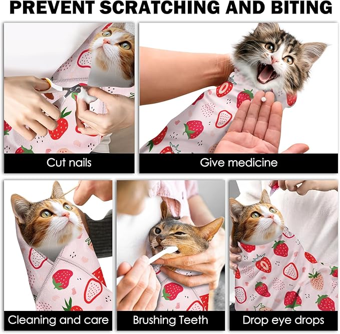 27.6"Cat Grooming Wrap, Self Adhesive Cat Wrap for Cutting Nails, Anti-Escape Cat Swaddle Wrap for Medicine Ear Cleaning, Strawberry Anti-Scratch Cats Burrito Restraint Blanket, Pet Tool (6-10 lbs)
