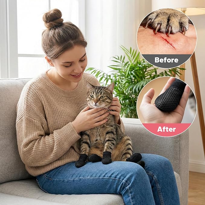 8Pcs Cat Mittens to Prevent Scratching, Adjustable Cat Booties Kitten Mittens, Mesh Breathable Cats Claw Protectors Covers, Anti Scratch Cats Shoes Socks Booties for Pet Bathing Cutting Nails
