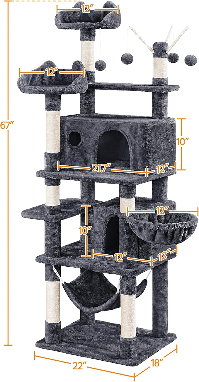 Topeakmart Cat Tree for Indoor Cats, 67in Cat Tower, Multi-Level Cat Play House with Condos & Scratching Posts & Hammock & Basket & Dangling Ball, Dark Gray