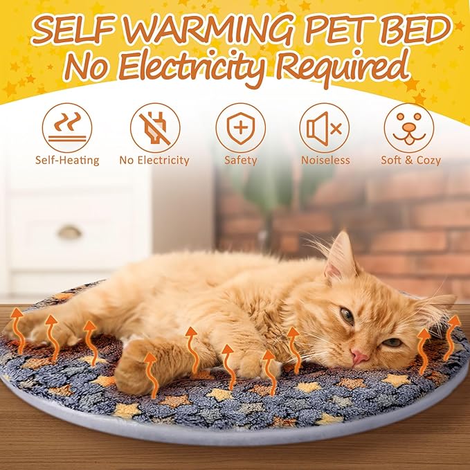 VitalCozy 2 Pack Self Heating Cat Pad Self Heating Cat Bed Machine Washable Heat Pet Mat Reversible Body Thermal Warm Round Dog Bed Crate Blanket for Feral and Indoor Cats(16'',Star)