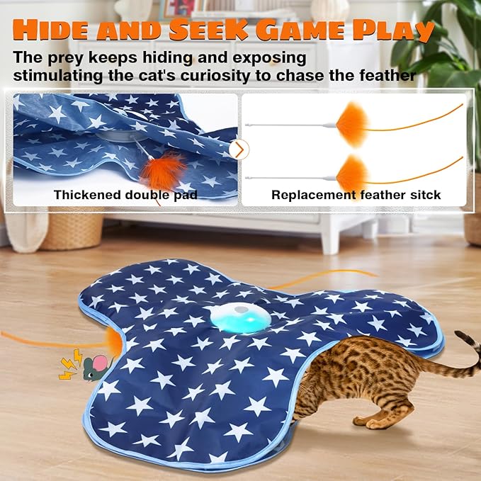 Oxawo Cat Toys Interactive Hide and Seek with Chirping, Motion Activated Cat Exercise Catching Game Moving Concealed Feathers Hidden in Bag