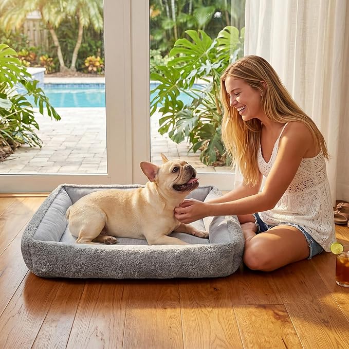 Washable Dog Bed for Medium Small Dogs—Reversible Design (Ice Silk Cooling Layer|Sherpa Fleece Layer),Rectangle Pet Bed for Dogs and Cats, Grey (20" X 14")