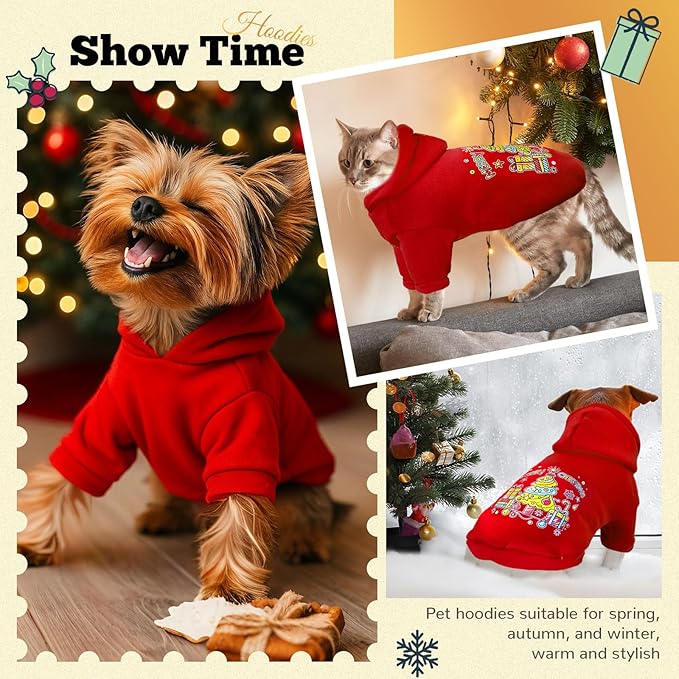 ABRRLO Small Dog Hoodie Clothes Red Christmas Dog Outfit Warm Fleece Dogs Sweater for Small Dogs Cat Boy Girl Cute Puppy Sweatshirt with Leash Hole Xmas Doggy Costume Chihuahua Yorkie(Xmas Tree,L)
