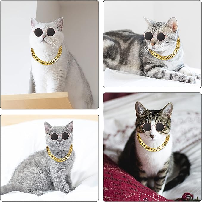 Molain Cat Sunglasses Gold Chain Costume Decorations- Cat UV Protection Classic Retro Puppy Retro Black Sunglasses Faux Gold Adjustable Chain Cosplay Costume Cool Funny Photo Props