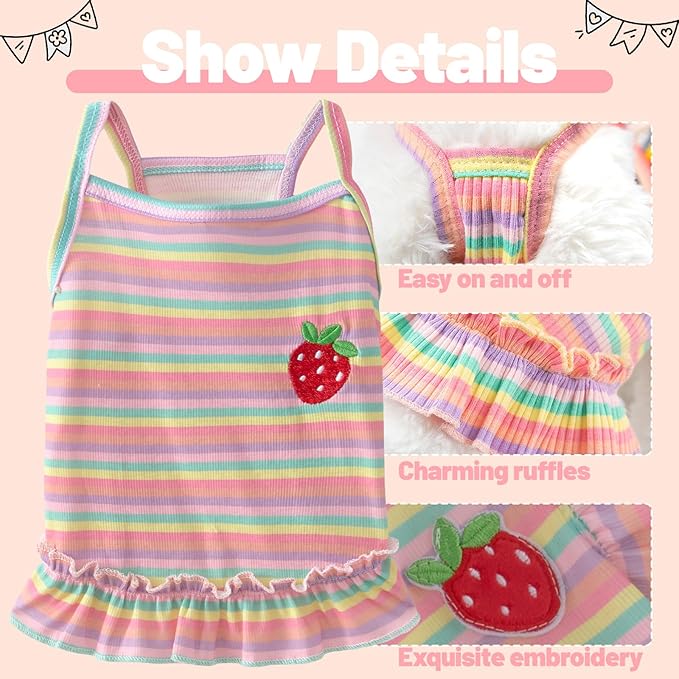 Dog Dress Clothes Puppy Birthday Outfit Pet T-Shirt Cut Rainbow Striped Summer Skirt Dresses for Small Medium Dogs Cats