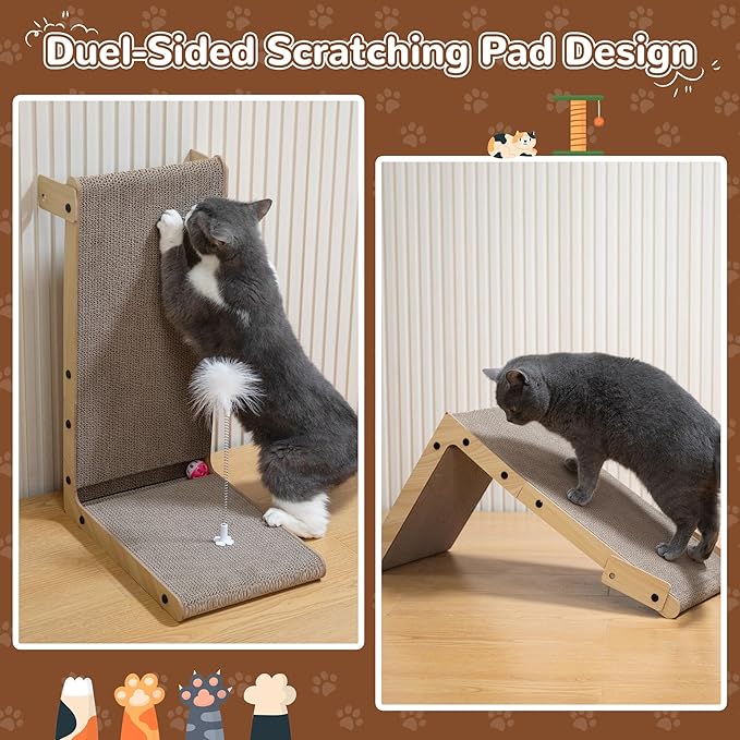 COZIWOW L-Shape Cat Scratcher Lounge, Corrugated Cardboard Scratching Pad for Indoor Cats, Durable Cat Furniture with Spring Toy (Walnut)