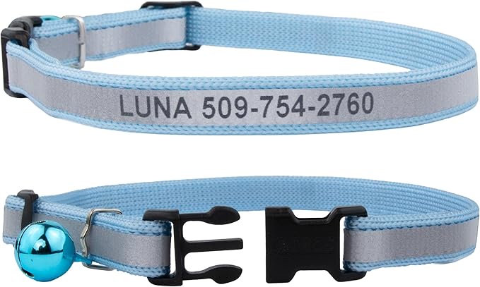 GoTags Personalized Reflective Cat Collars, Engraved Custom Cat Collar with Name and Phone ID, Breakaway Collar with Safety Release Buckle and Bell, Adjustable for Cats and Kitten (Light Blue)