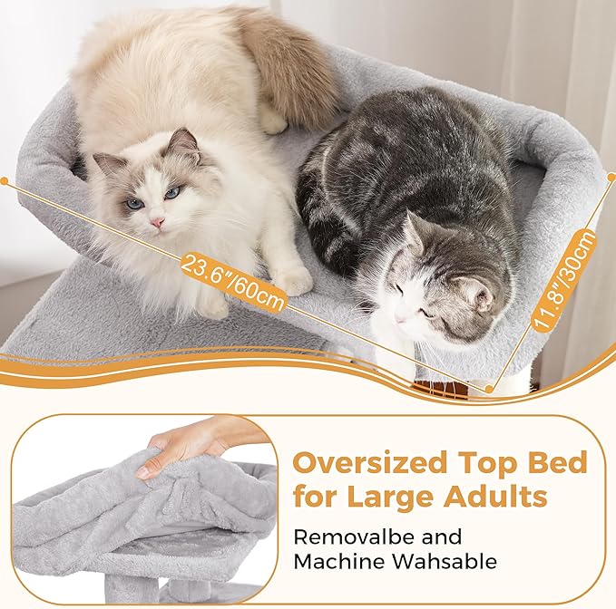 54" Cat Tree with Big Hammock 21x17” XL Cat Tower with Scratching Posts Featuring Large Top Bed, Scratcher Pad, Spacious Condo House and Detectable Ball for Indoor Cats-Large Gray