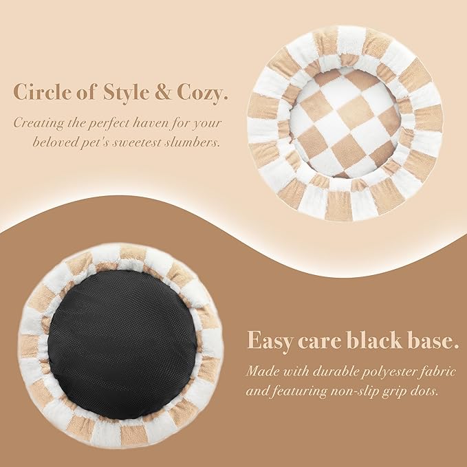 Ohocut Checkered Dog Bed, Cute Beige Khaki Retro Style Aesthetic Round Warming Pet Calming Beds for Small Dog and Cats, Plush Cozy Donut Dog Beds Washable, 30" L x 30" W x 8" Th