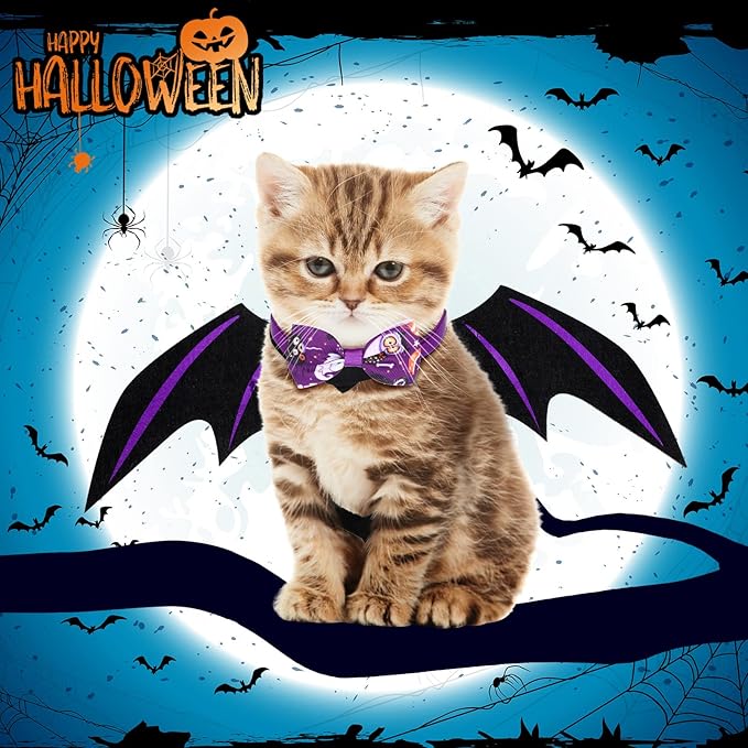 6 Pcs Cat Halloween Costume Set - Wizard Clothes, Cloak, Wings, Adjustable Hats, Bow Ties, Neckties, and Ornament Bells