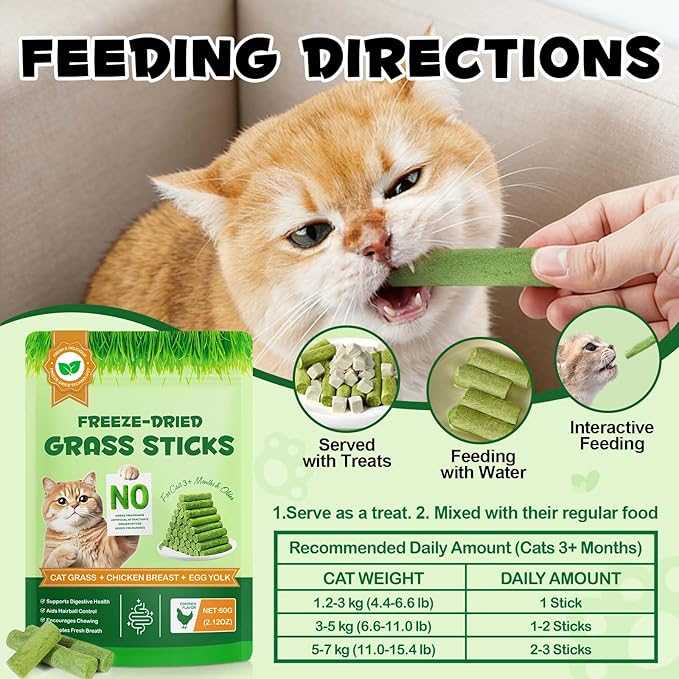 Freeze-Dried Cat Grass Sticks for Teething, High Meat Content Hairball Control & Dental Health Chews, Grain-Free Cat Treats with Chicken & Egg Yolk