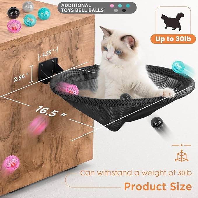 JUNSPOW Cat Hammock Wall Mounted, Foldable & Stable Cat Beds- Breathable Cat Wall Shelves for Sleeping, Playing, Climbing, and Lounging - Maximum Hold Up to 30lb (Black)